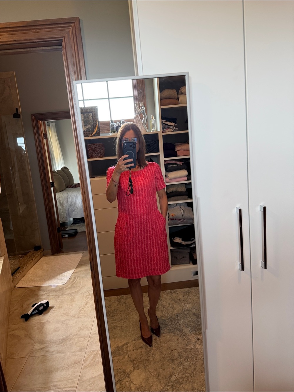 Reiss Pink Textured Short-Sleeve Shift Dress